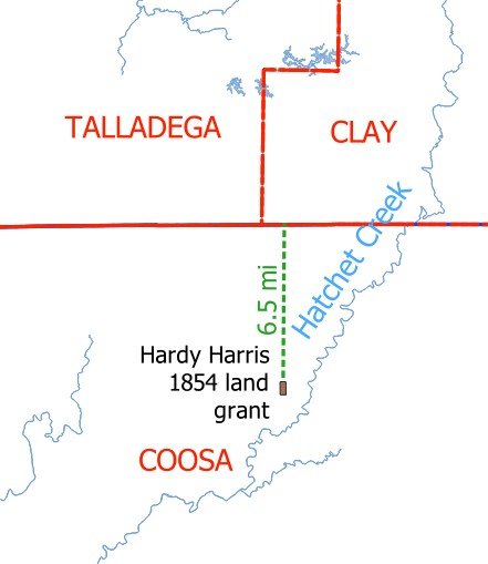 Map showing location of Hardy Harris 1854 land grant in relation to Talladega County.