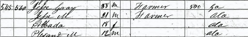 1850 Federal Census, Autauga County, Alabama, household of Jesse Gray.