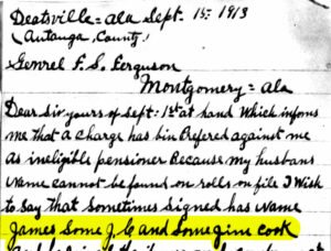 1913 letter in James Cook's pension file, from his widow, stating that he went by James or J. C. Cook. 