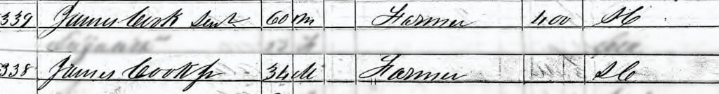 James Cook "Senr." and James Cook "Jr.", 1850 Autauga County, Alabama — but not father and son. It was the census enumerator who applied the suffixes descriptively.