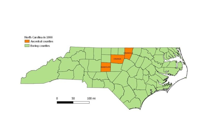 Map of North Carolina with 1800 boundaries and counties highlighted.