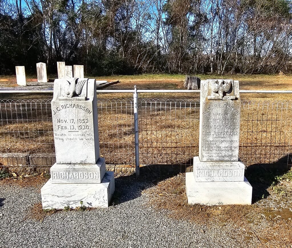Graves of John Calvin Richardson and Sarah Emily Elizabeth (Bowdoin) Richardson, Mount Zion Cemetery, Deatsville, Alabama