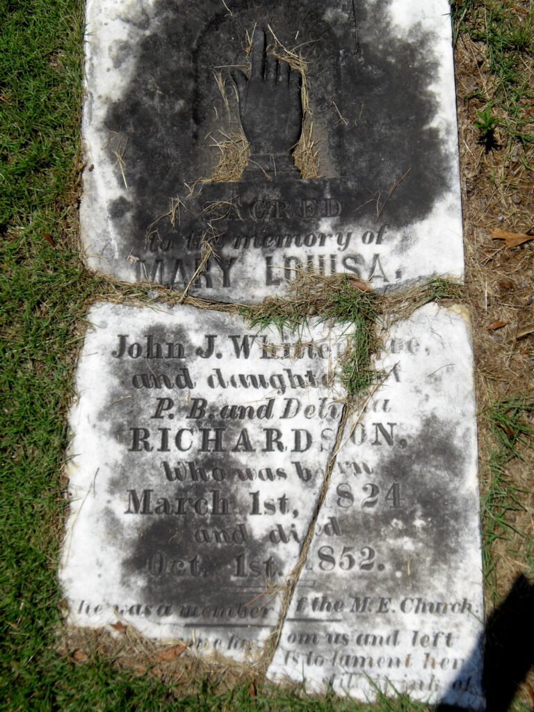 Remains of tombstone of Mary Louisa (Richardson) Whittemore, 2017, Cain's Chapel Cemetery.
(Find a Grave).