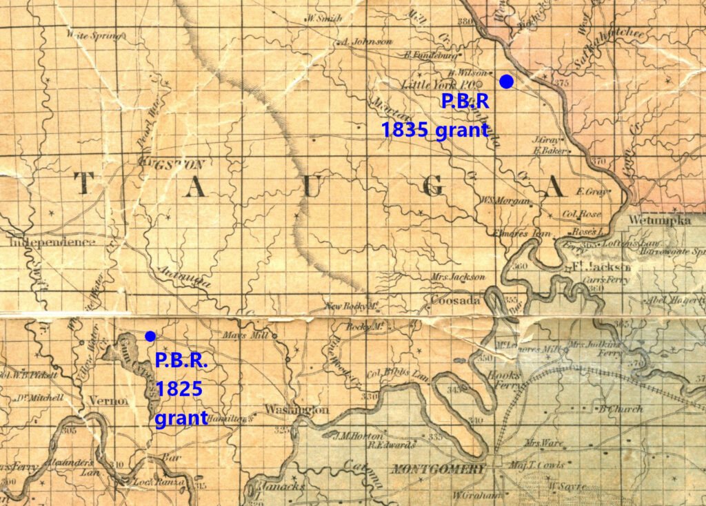 Peter B. Richardson's land grants on 1837 John LaTourette map (Alabama Maps).