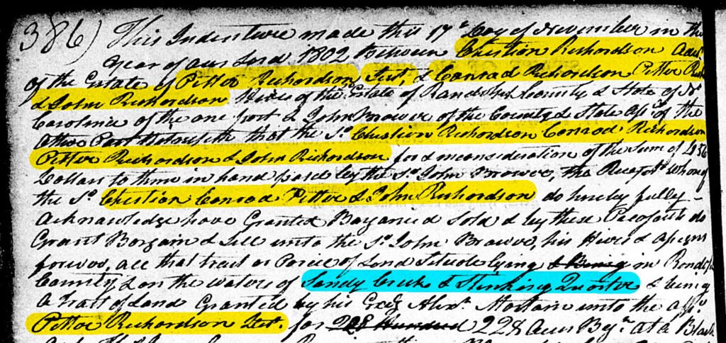 Randolph County, N.C., Deed Book 9, 386. Christian Richardson, administrator of Petter Richardson, et al., to John Brower, 17 Nov 1802. (FamilySearch)
