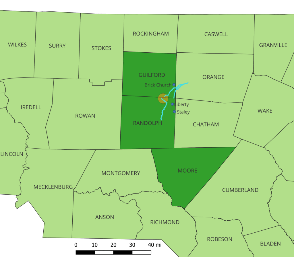 Approximate location of Peter Richardson's land, 1791 county lines.