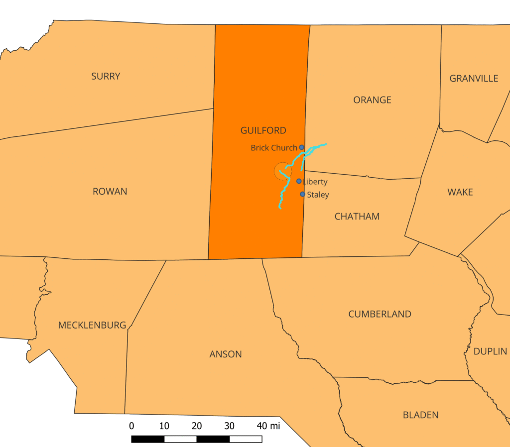 Approximate location of Peter Richardson's land, 1772 county lines.