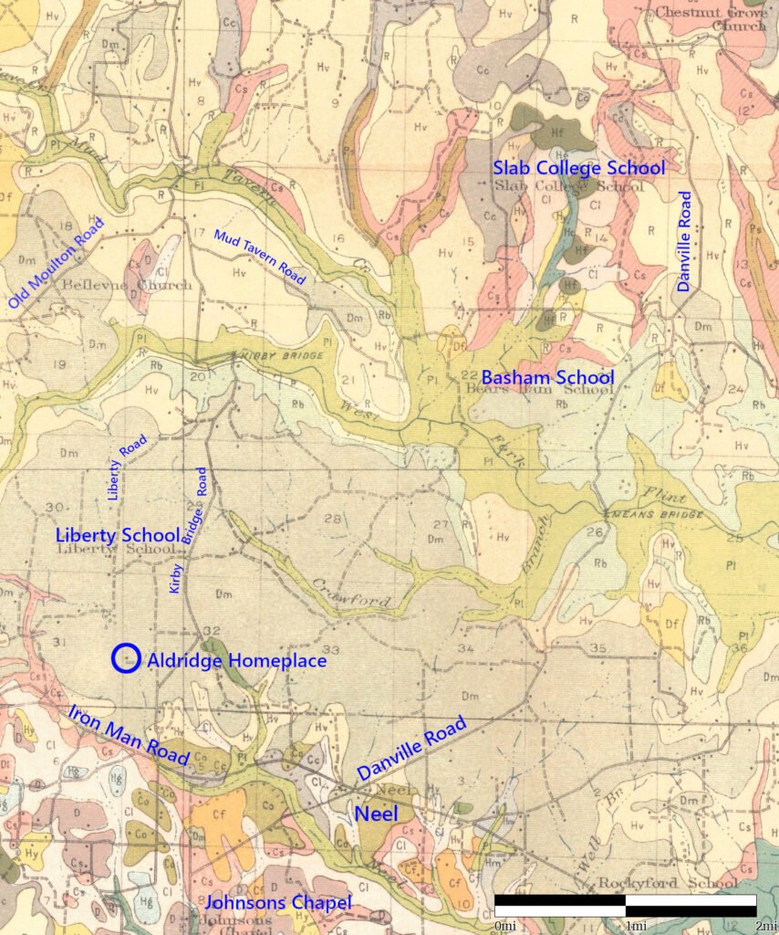 Liberty community and vicinity, showing location of Aldridge homeplace and Slab College School. On 1918 map, U.S. Department of Agriculture, Bureau of Soils (Alabama Maps).