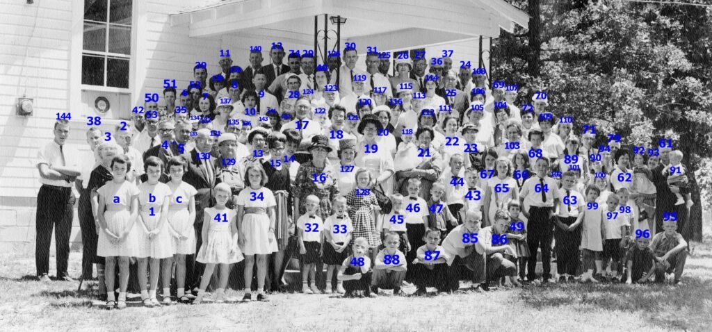 Aldridge Reunion, 1966, Upton's Chapel, with numbers.