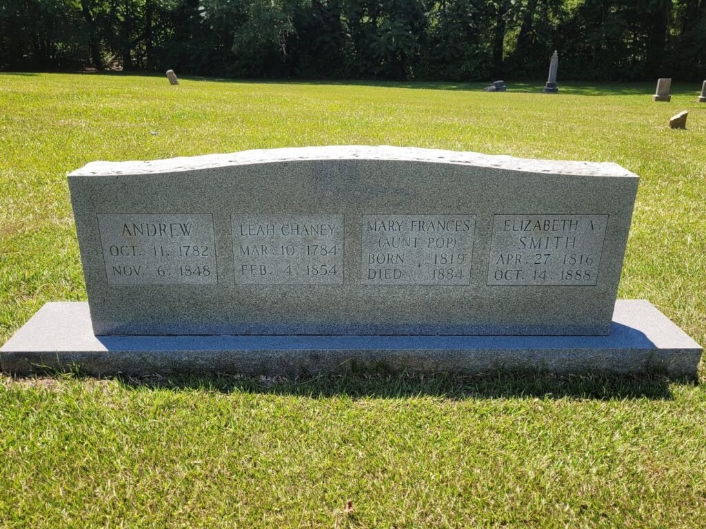 Graves of Andrew Alldredge, Leah (Chaney) Alldredge, Mary Frances Alldredge, and Elizabeth (Alldredge) Smith