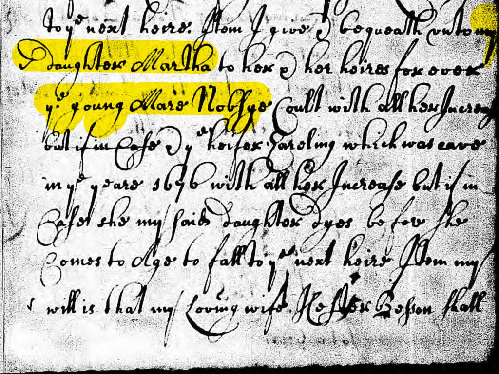 Excerpt from Thomas Besson's will with bequest of mare Nobsey to daughter Martha.