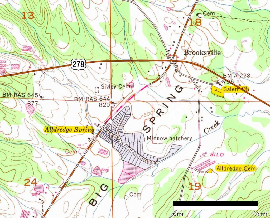 Brooksville, Blount County, Alabama, showing location of Alldredge Spring, Salem Church and Cemetery (burial site of Andrew and Leah Alldredge), and Alldredge Cemetery (burial site of Enoch Alldredge). USGS Topographic Quadrangle (1:24,000), Brooksville (1958, revised 1975), mapped and edited by Tennessee Valley Authority.