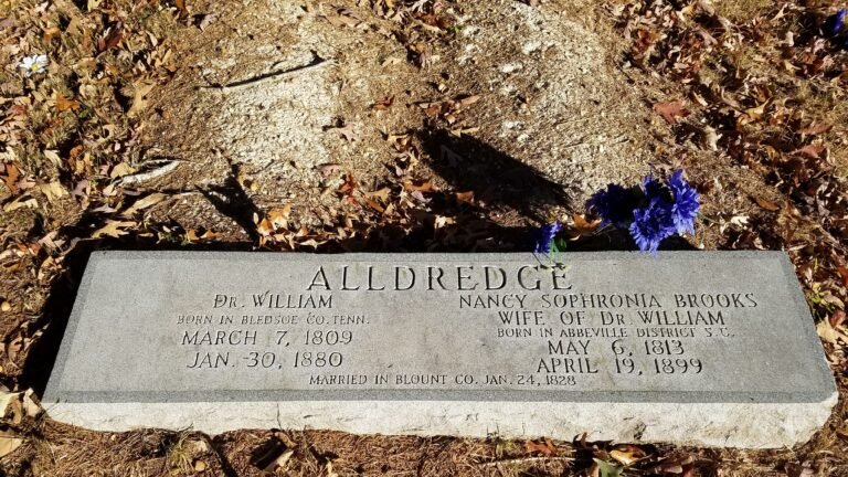 Headstone of Dr. William Alldredge and Nancy Sophronia (Brooks) Alldredge
