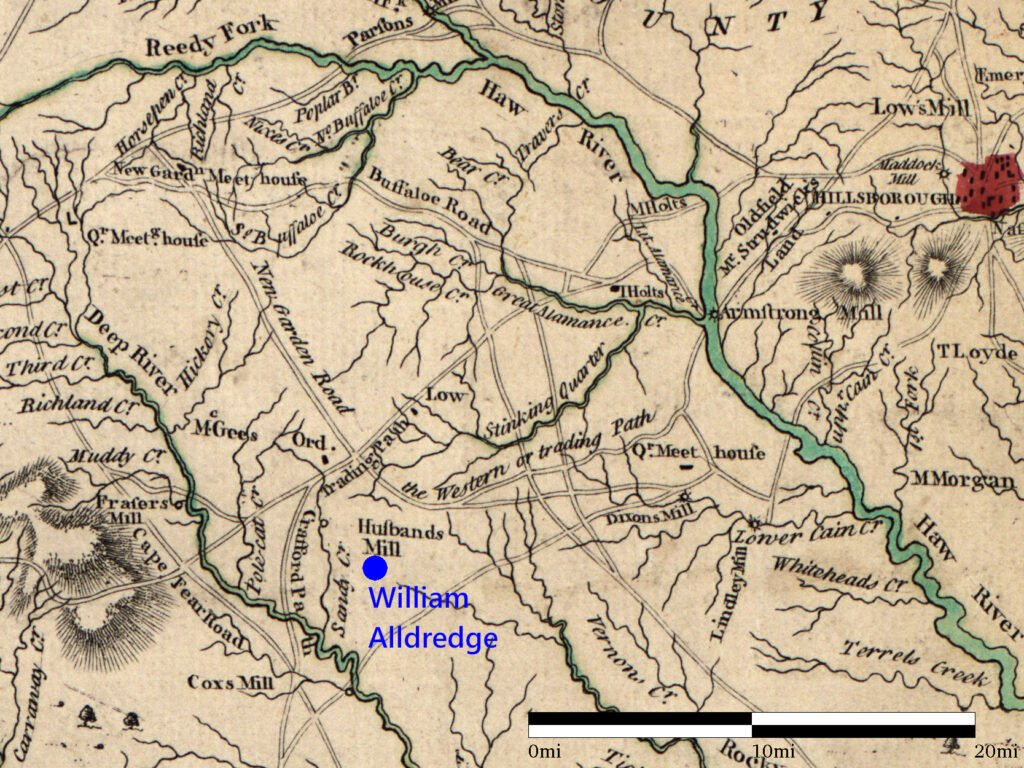 William Alldredge's North Carolina land, on "A compleat map of North-Carolina from an actual survey," by John Collet (1770). (Library of Congress)