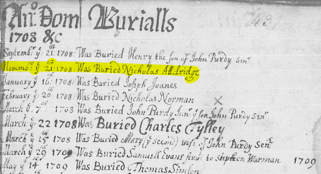 Nicholas Aldridge burial from All Hallows parish register.