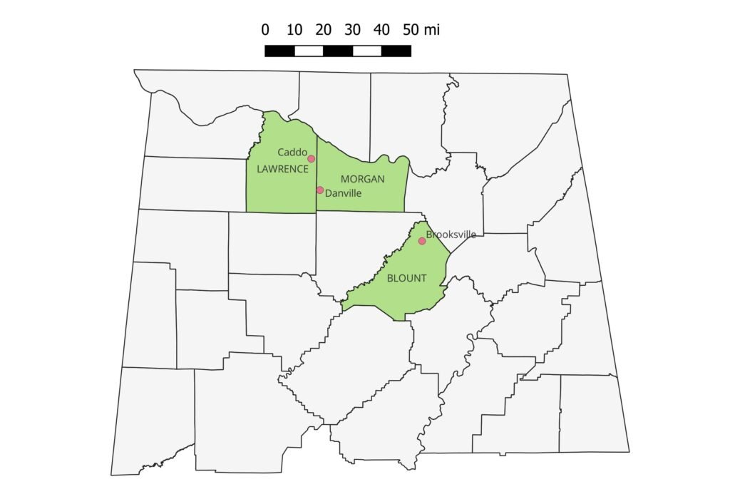 Map showing North Alabama counties where my Aldridge-Alldredge family lived.