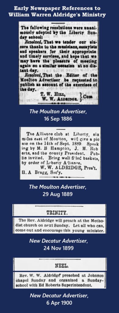 Early newspaper references to Rev. William Warren Aldridge's ministry