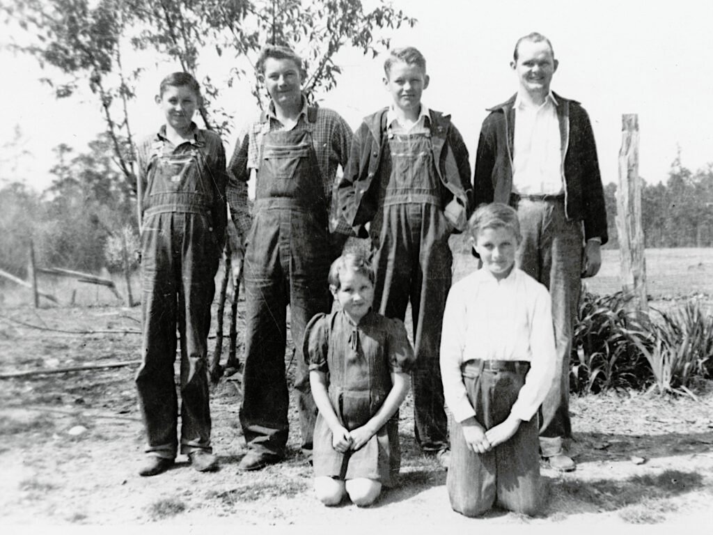 Children of Walter and Mabel Aldridge. (Standing, l-r) Wilfred, James, Milton, Leonard Harp (Ola's husband). (Sitting, l-r) Hilda, Harold.