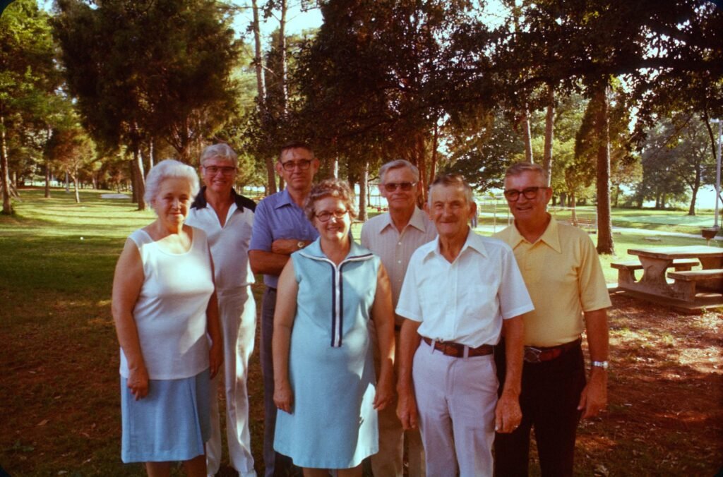 Children of Walter and Mabel Aldridge at Aldridge Family Reunion, 1980. (L-r) Ola, Burch, James, Hilda, Milton, Wilfred, Harold.