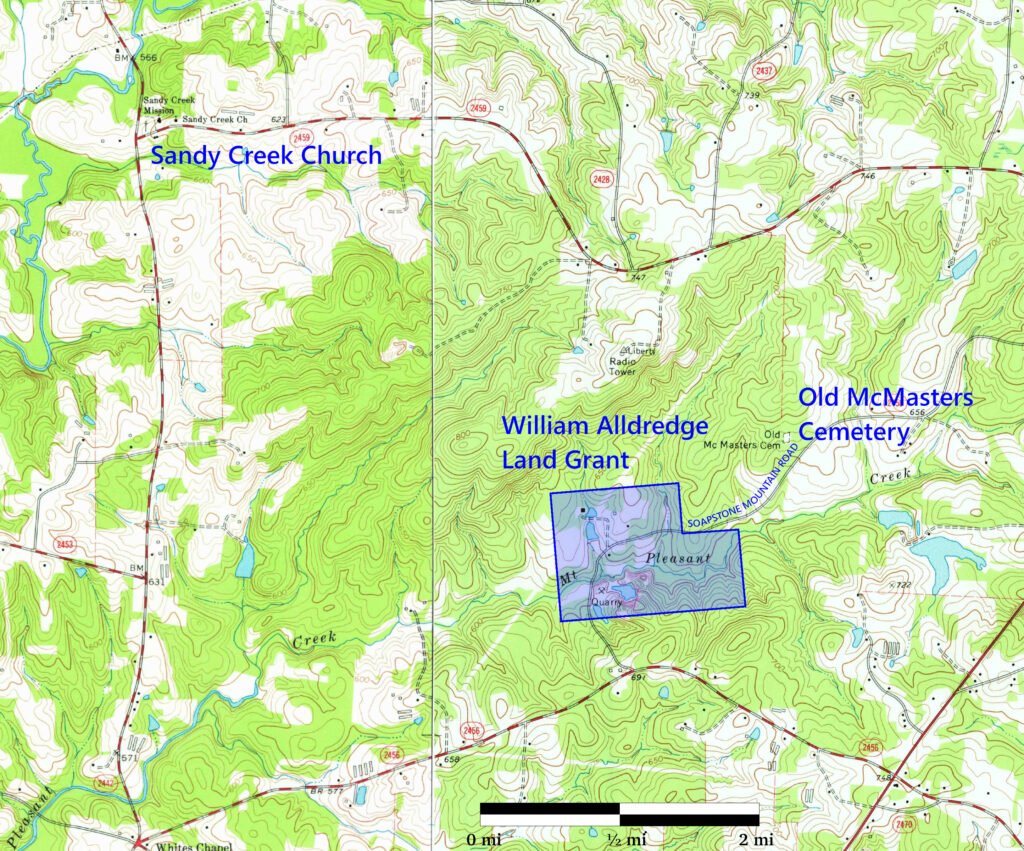 Approximate location of William Alldredge's 1756 land grant on Mount Pleasant Creek, Randolph County, North Carolina. Based on USGS Topographic Quadrangles (1:24,000), Gray's Chapel (left) and Liberty (right).