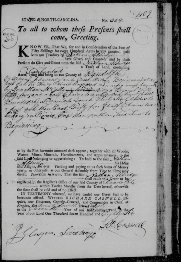 Nathan Alldredge's 1786 land grant, with original 1778 survey.