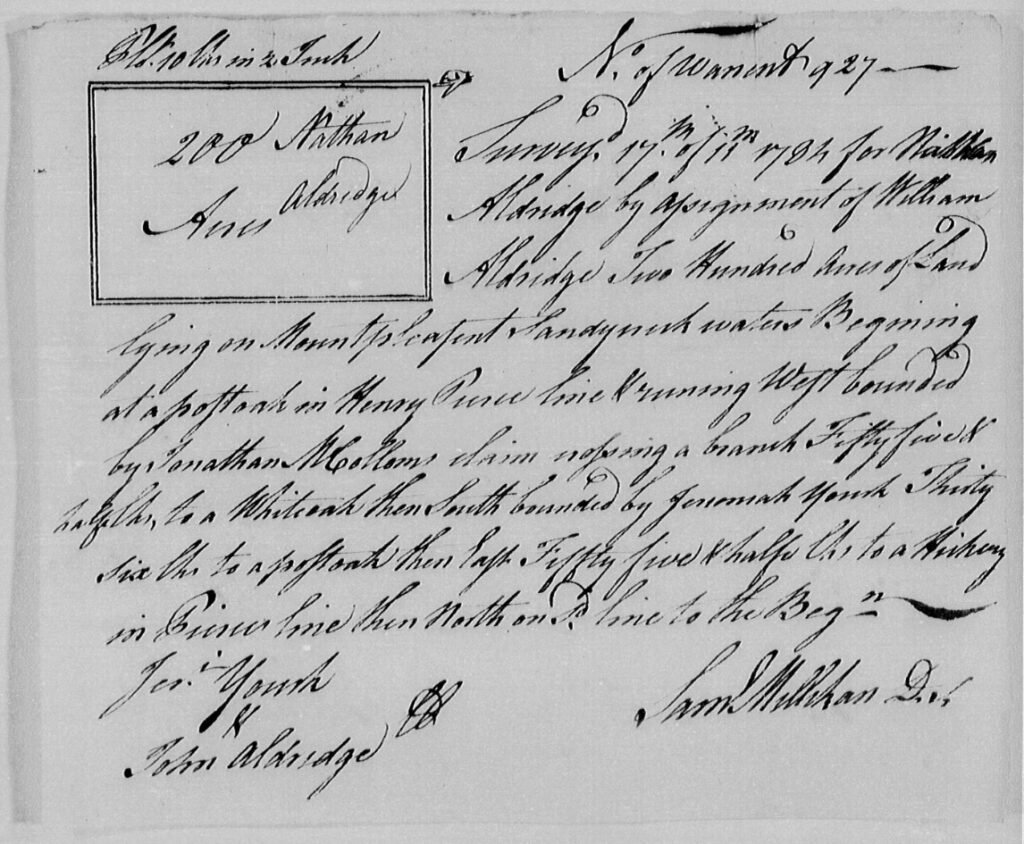 Nathan Alldredge's 1786 land grant, with original 1778 survey.