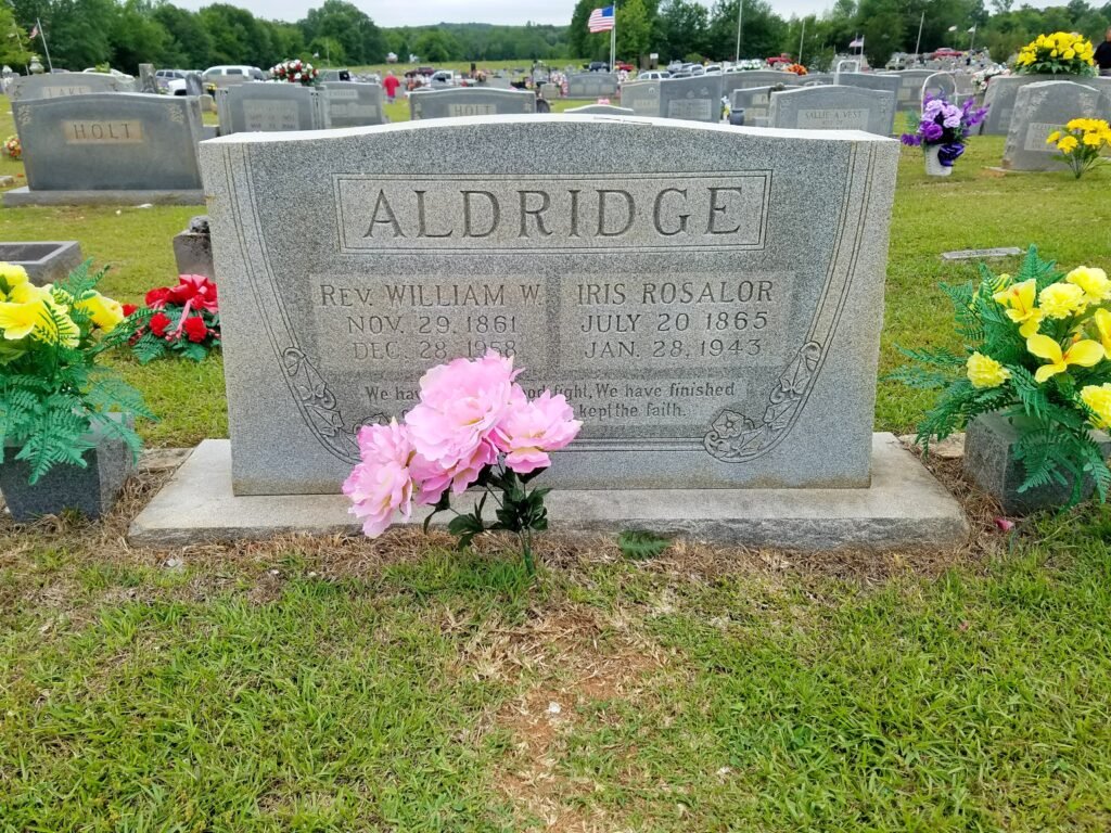Rev. William Warren Aldridge and Iris Rosala (Parker) Aldridge's tombstone at Johnson's Chapel Cemetery.