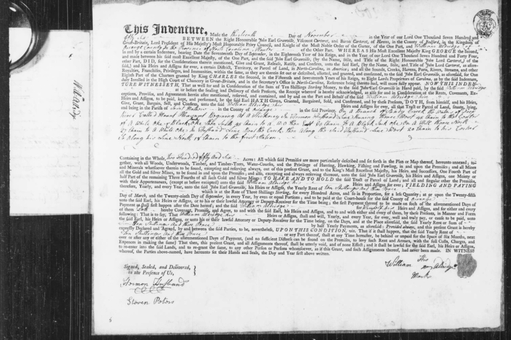 William Alldredge's 1755 land survey and 1756 land grant.