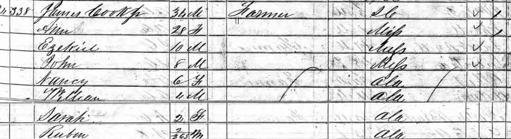 James Cook, 1850 Federal Census, Autauga County, Alabama. (The household appeared across two pages and has been digitally pieced together.)