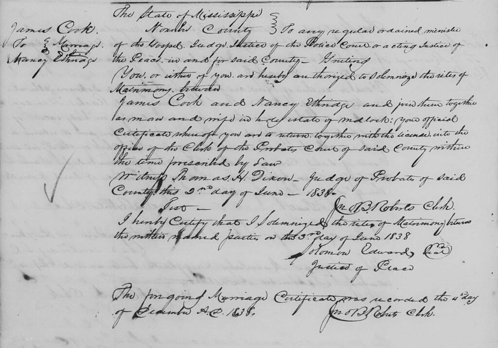 James Cook to Nancy Ethridge, 3 Jun 1838, Noxubee County, Mississippi, Marriage Book A, page 54.